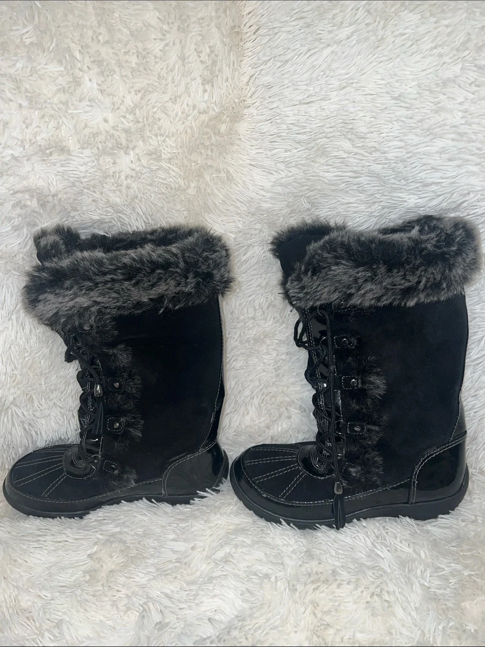 Sporto Black Faux-Fur Trim Lace-Up Winter Boots
